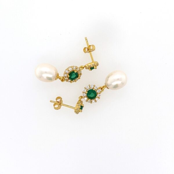 Evelyn - Fresh Water Pearl Drop Earrings with Green Zirconia Stones - Image 3