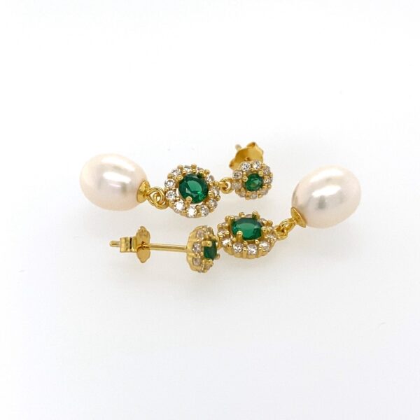 Evelyn - Fresh Water Pearl Drop Earrings with Green Zirconia Stones - Image 2