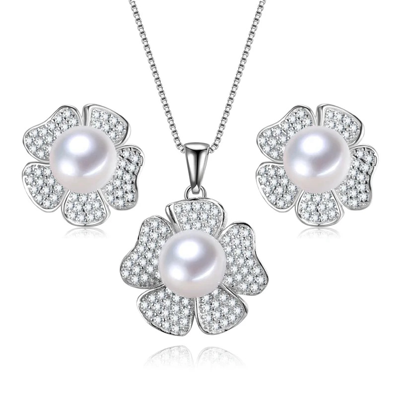 Reni - Sterling Silver Rose Shaped Earrings and Necklace with Fresh Water Pearl