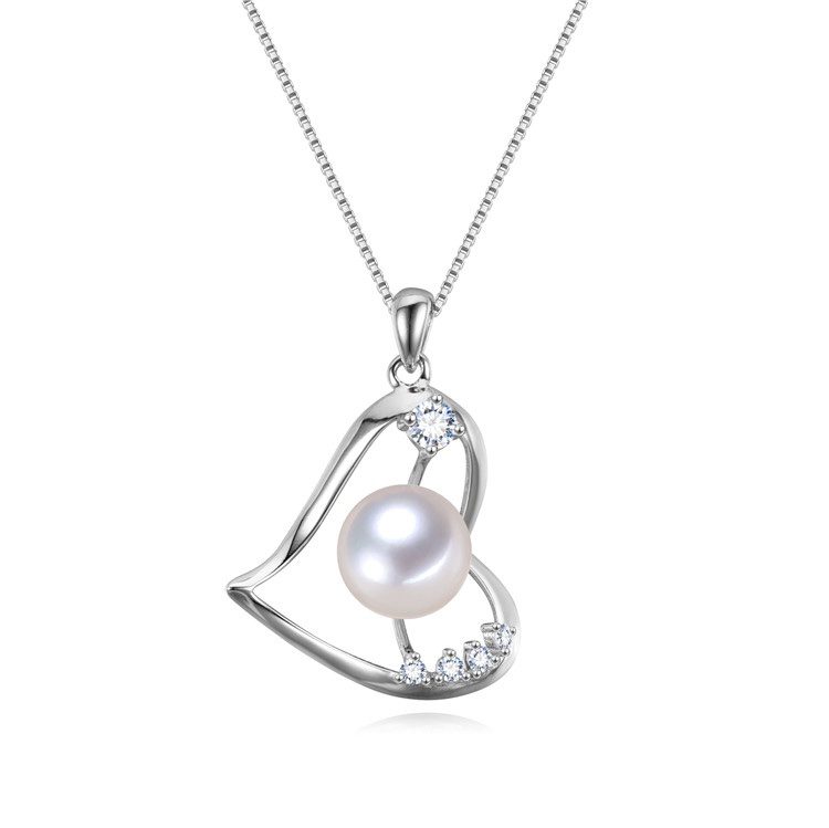Ife I - Sterling Silver Necklace with Heart Shaped Pendant and Fresh Water Pearl