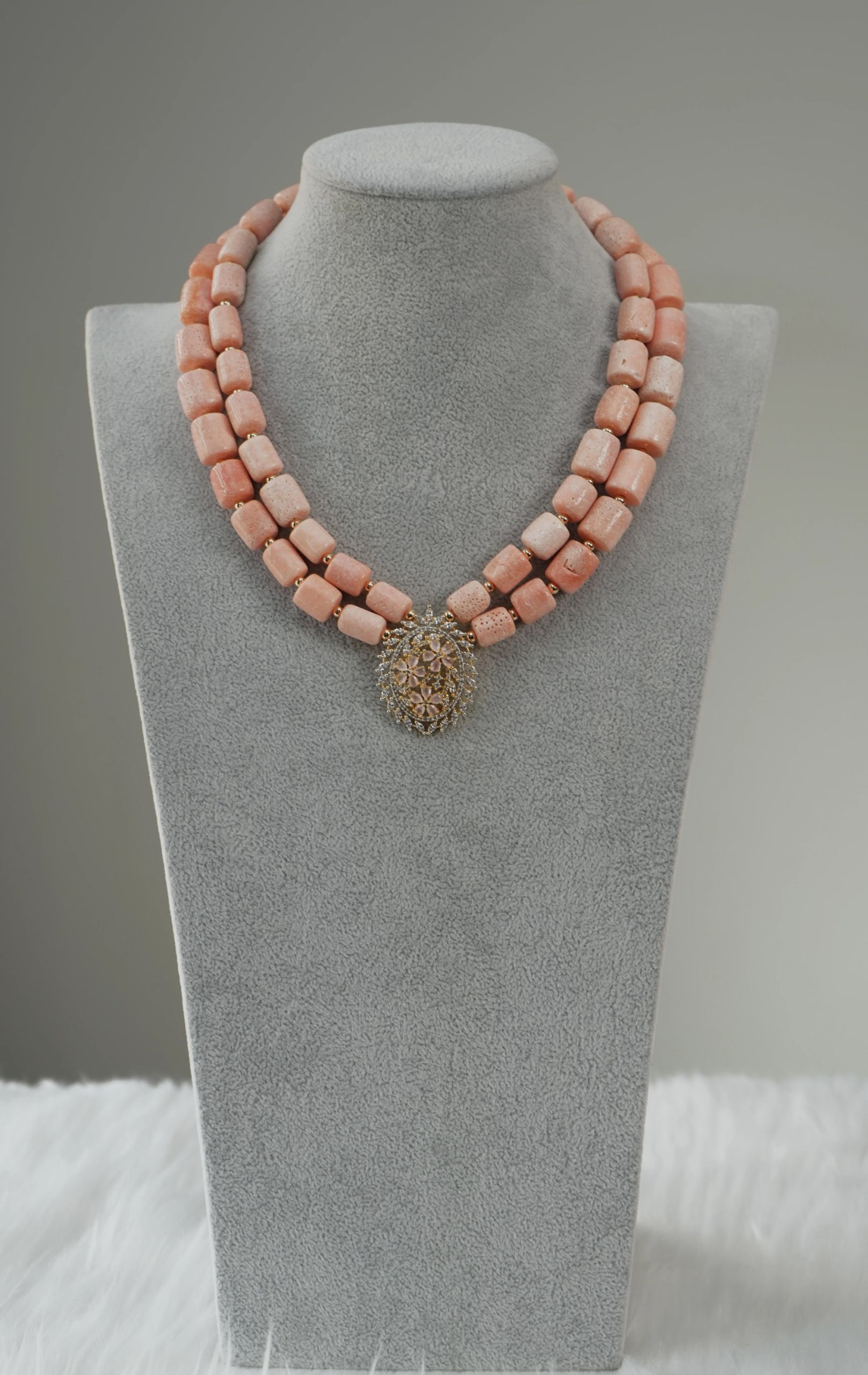 Jadesola - Two-Layer Peach Coral Necklace Set with Sparkling Pendant