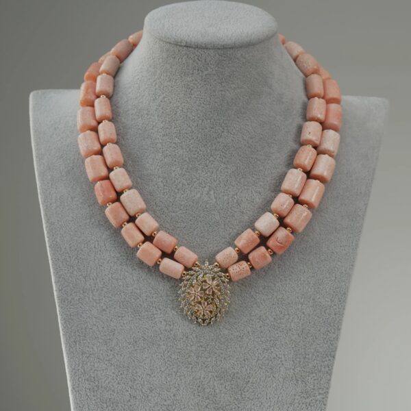 Jadesola - Two-Layer Peach Coral Necklace Set with Sparkling Pendant - Image 2