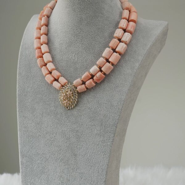 Jadesola - Two-Layer Peach Coral Necklace Set with Sparkling Pendant - Image 5