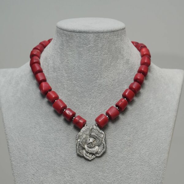 Ama - One Layer Red Coral Necklace Set with Silver Rose Pendant - Image 2
