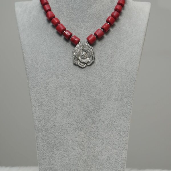 Ama - One Layer Red Coral Necklace Set with Silver Rose Pendant