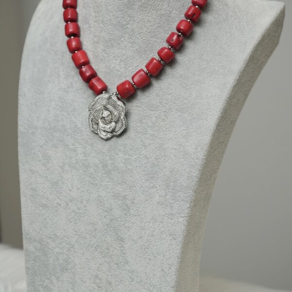 Ama - One Layer Red Coral Necklace Set with Silver Rose Pendant - Image 4