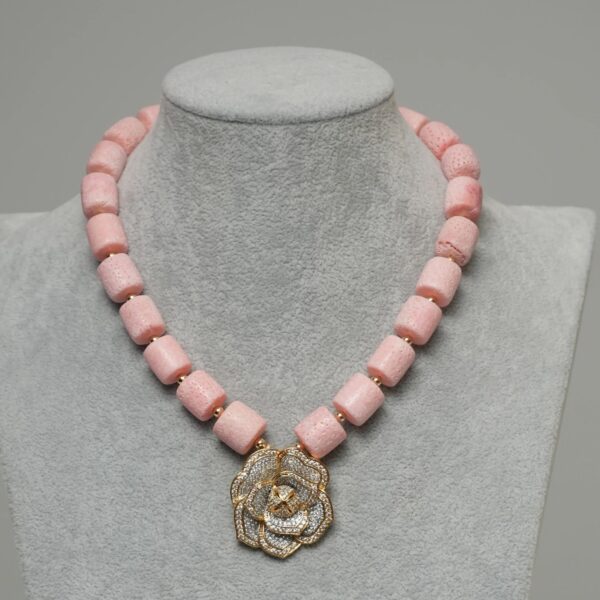 Ama - One Layer Pink Coral Necklace Set with Two tone Rose Pendant - Image 2
