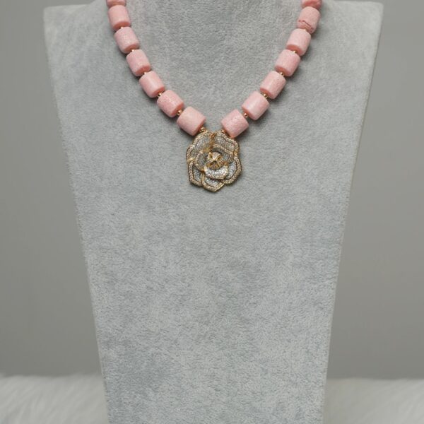 Ama - One Layer Pink Coral Necklace Set with Two tone Rose Pendant