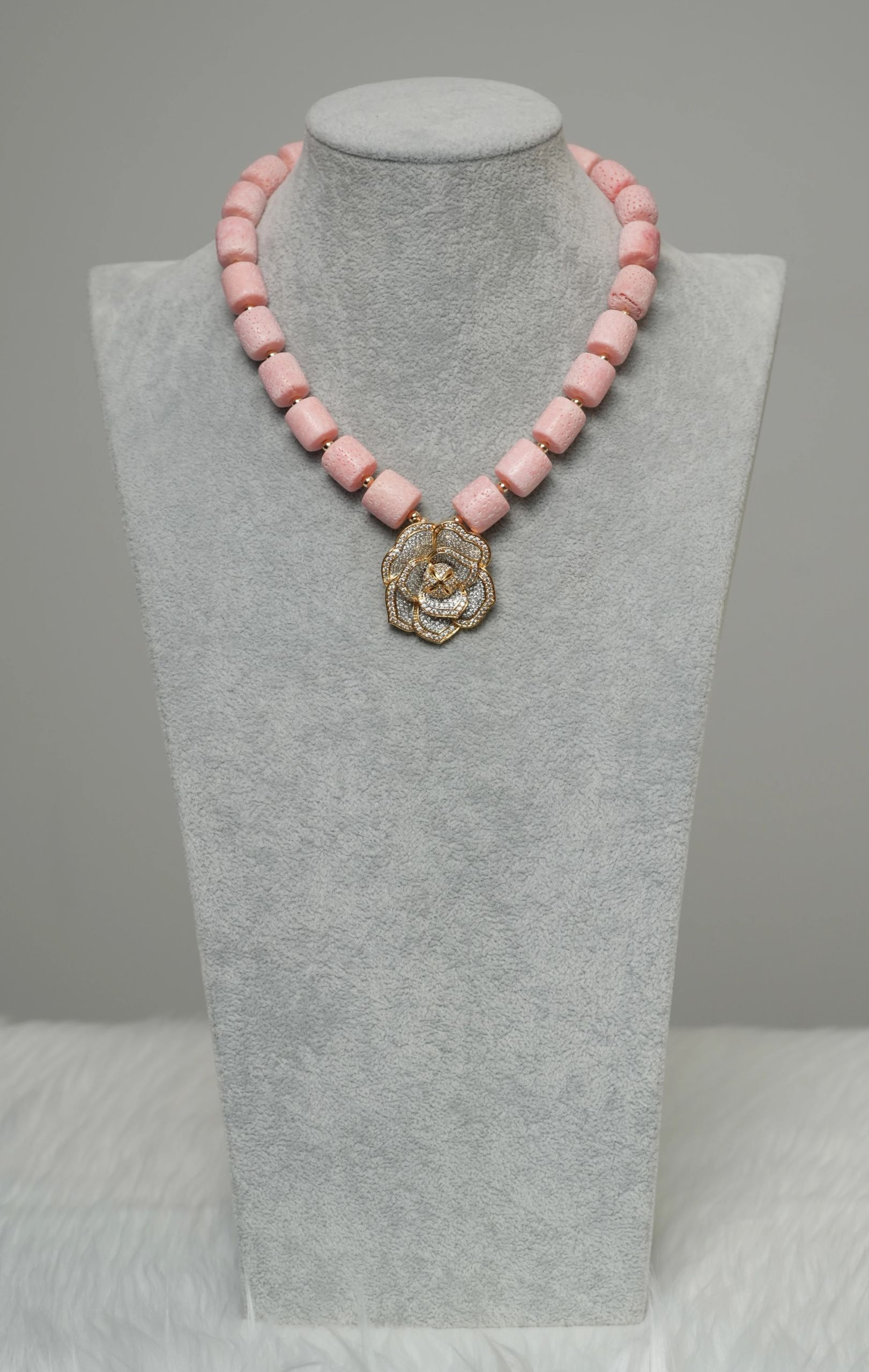 Ama - One Layer Pink Coral Necklace Set with Two tone Rose Pendant