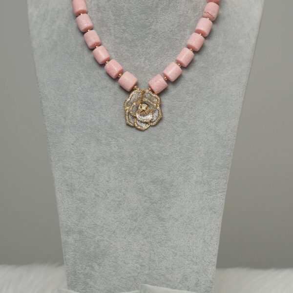 Ama - One Layer Pink Coral Necklace Set with Two tone Rose Pendant - Image 3