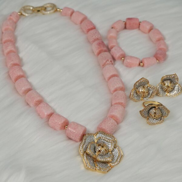 Ama - One Layer Pink Coral Necklace Set with Two tone Rose Pendant - Image 6