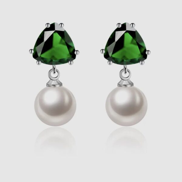 Wendy G - Dangle Pearl Earrings with Green Stone