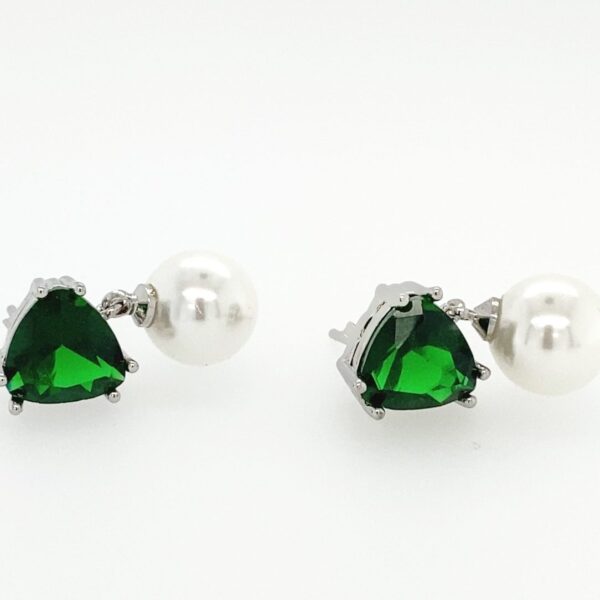 Wendy G - Dangle Pearl Earrings with Green Stone - Image 2