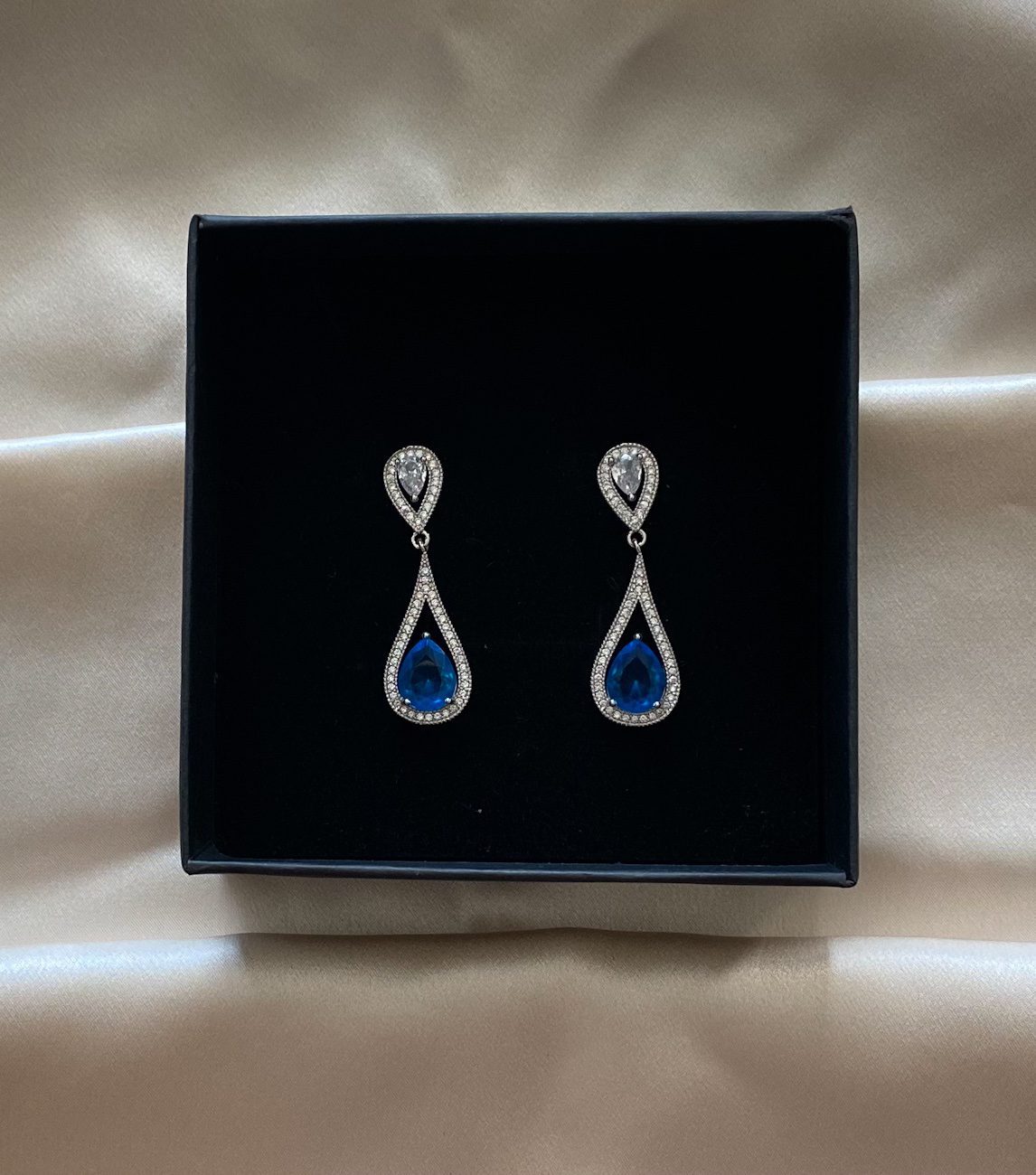 Gaia B - Long Teardrop Dangle Crystal Earrings swith Blue Stone